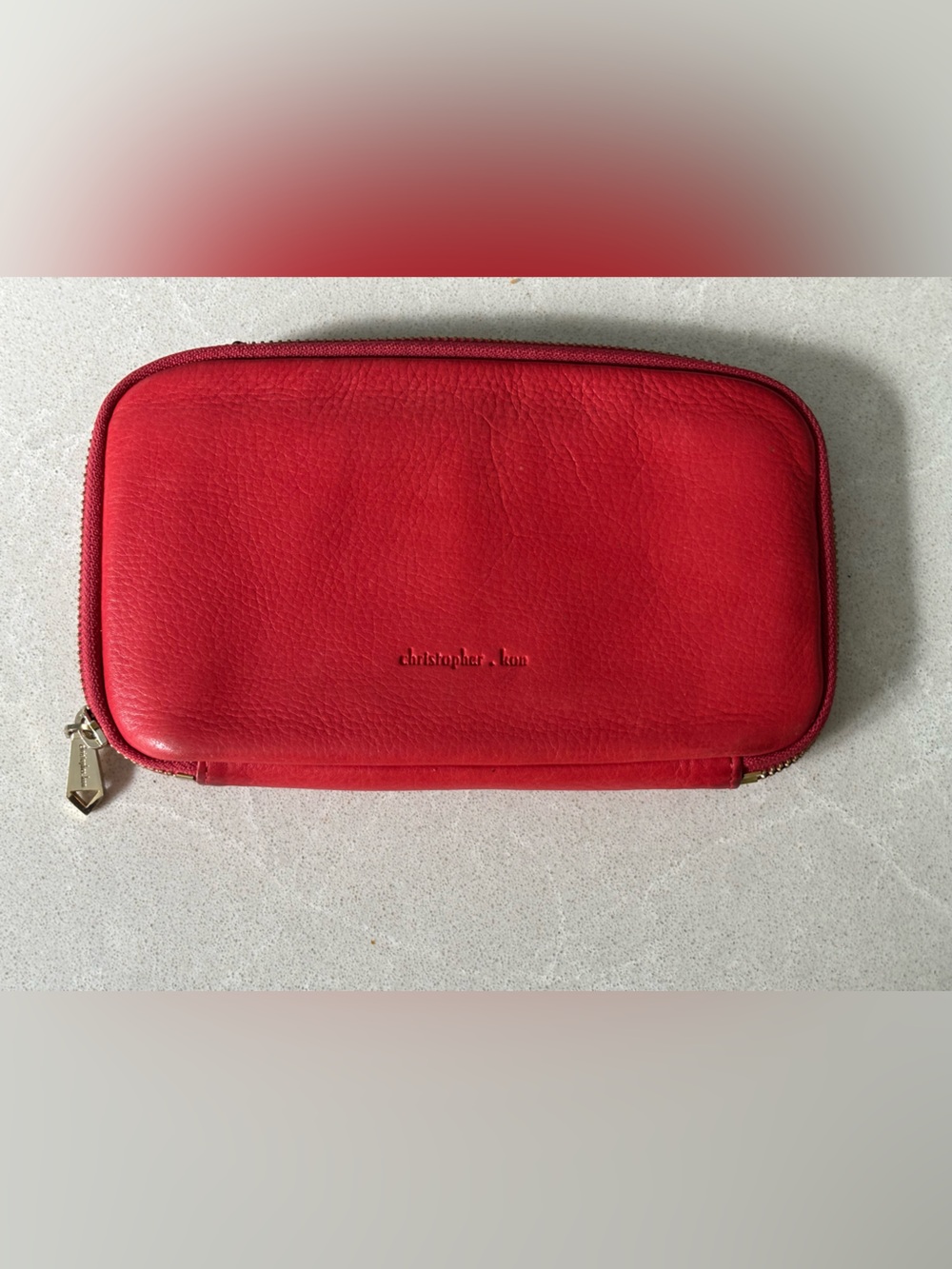 Christopher Kon Red Pebbled Leather Zip-Around Wallet Tomato Red Luxury Classic